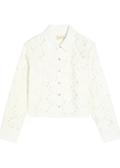 Finely cutwork embroidered denim shirt