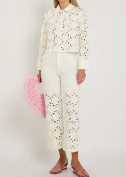 Finely cutwork embroidered denim shirt