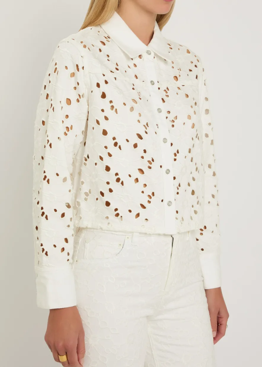 Finely cutwork embroidered denim shirt