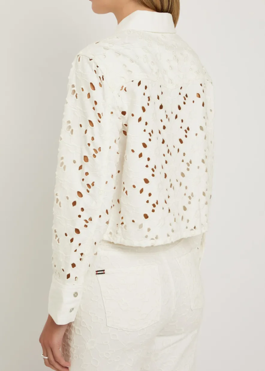 Finely cutwork embroidered denim shirt