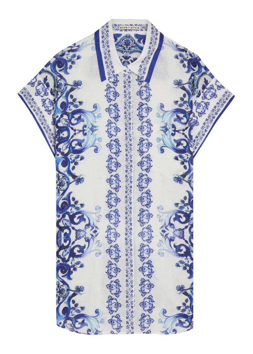 Finely printed linen mini shirt dress