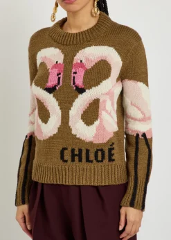 Flamingo and logo-intarsia wool jumper