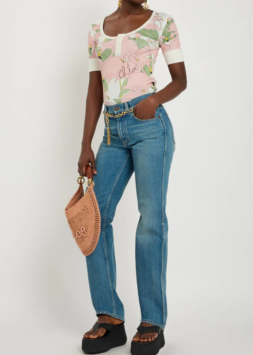 Flamingo-print stretch-cotton top