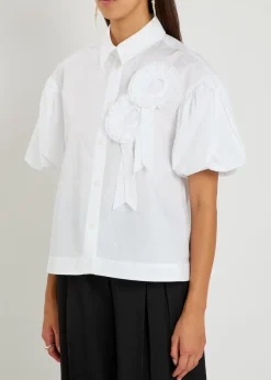 Floral-appliquéd cropped cotton-poplin shirt