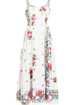 Floral-embroidered boned cotton midi dress
