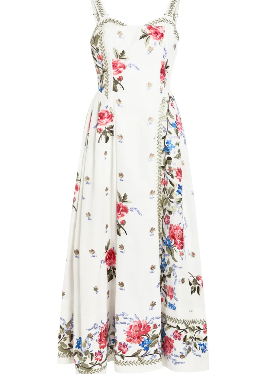 Floral-embroidered boned cotton midi dress