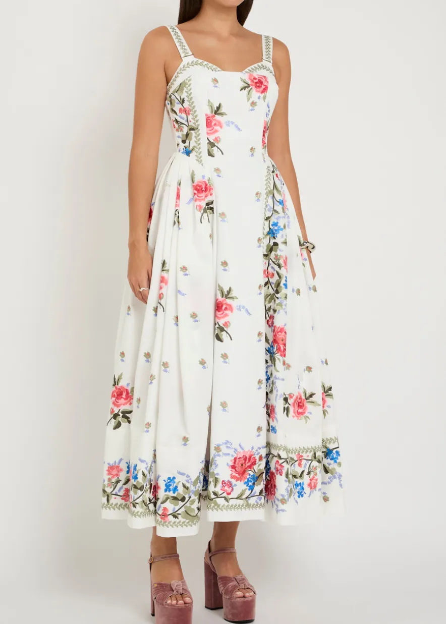 Floral-embroidered boned cotton midi dress