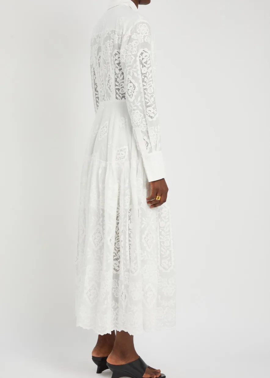 Floral-embroidered cotton maxi shirt dress