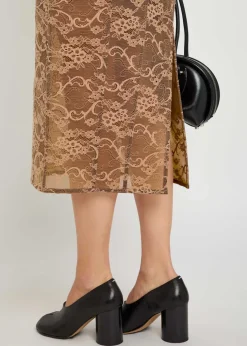 Floral-embroidered lace midi skirt