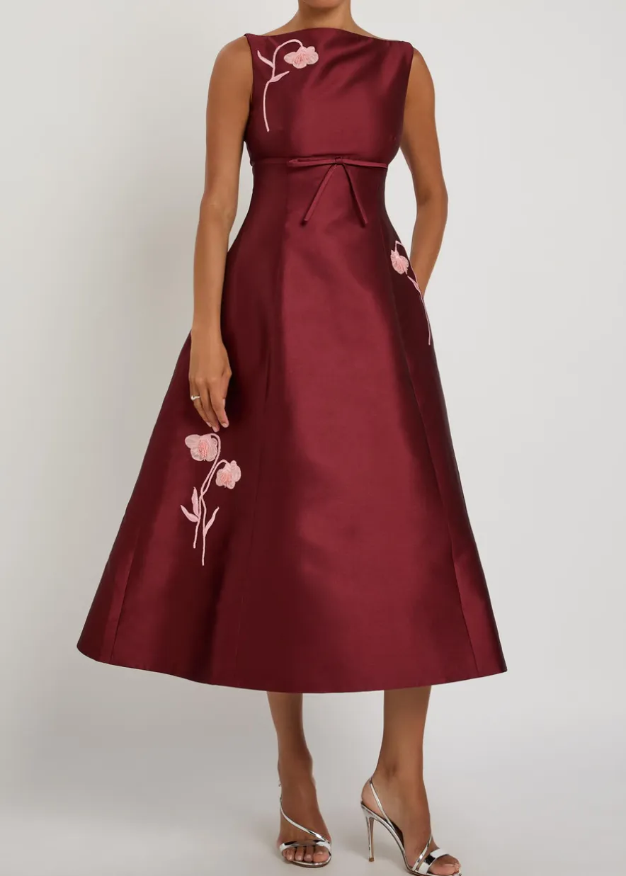 Floral-embroidered Mikado satin midi dress