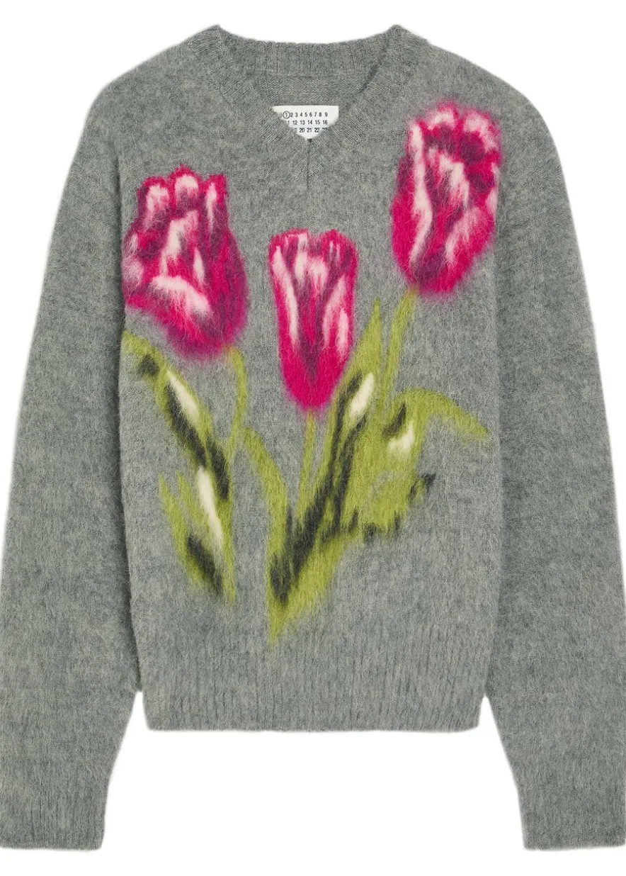 Floral-intarsia brushed wool-blend jumper