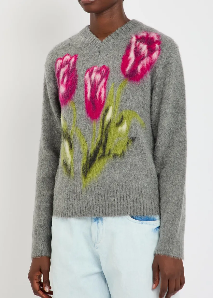 Floral-intarsia brushed wool-blend jumper