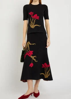Floral-intarsia knit midi skirt