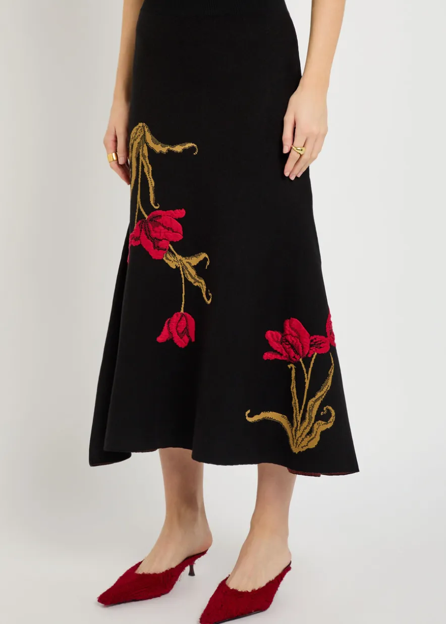 Floral-intarsia knit midi skirt