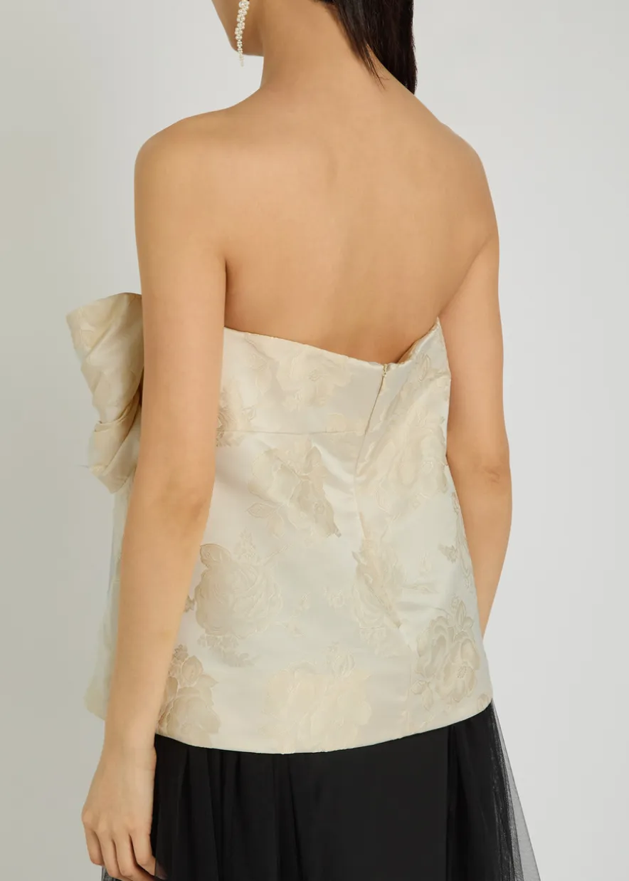 Floral-jacquard gathered satin top