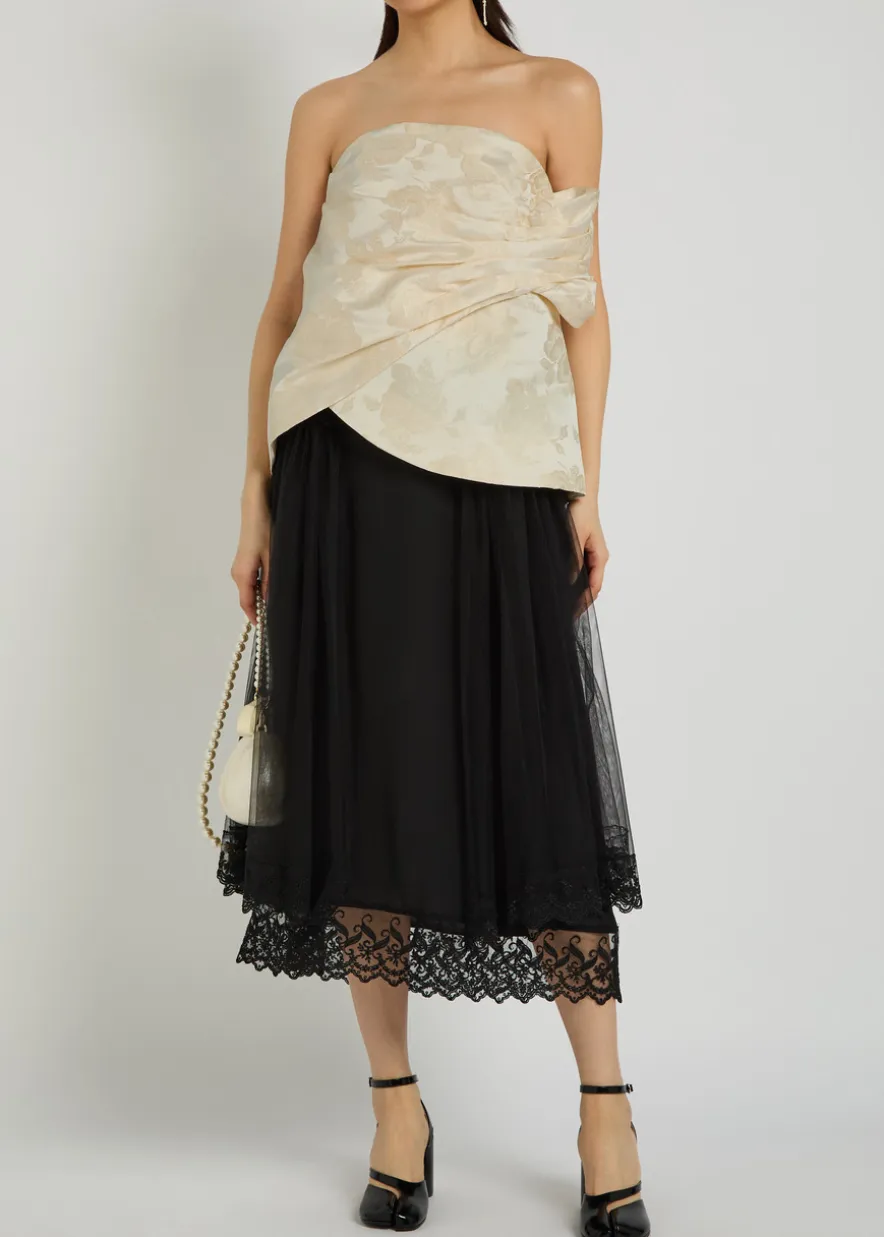 Floral-jacquard gathered satin top