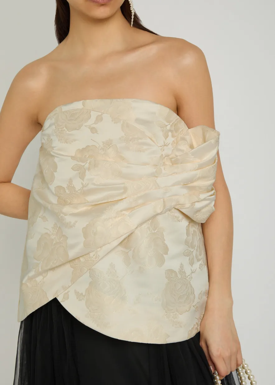 Floral-jacquard gathered satin top