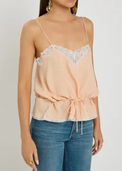 Floral-jacquard lace-trim silk top