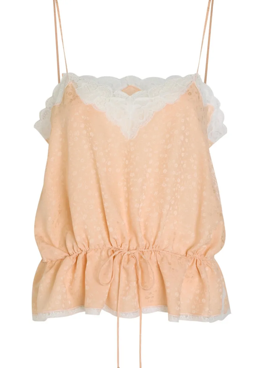 Floral-jacquard lace-trim silk top