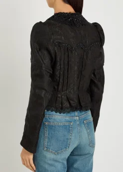 Floral-jacquard lace-trim woven jacket