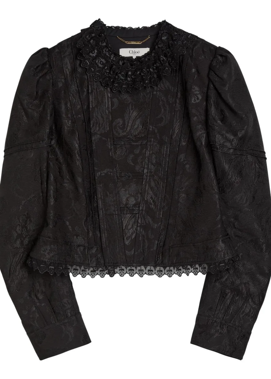 Floral-jacquard lace-trim woven jacket