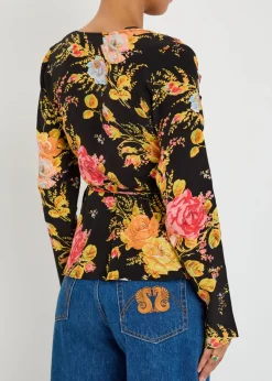 Floral-print chiffon wrap top