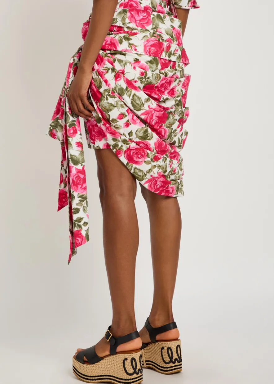 Floral-print cotton-poplin knee-length wrap skirt