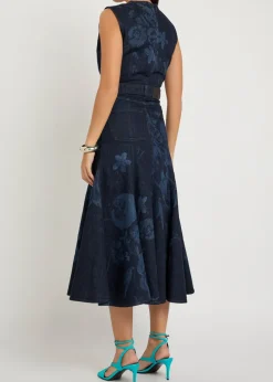 Floral-print denim midi dress