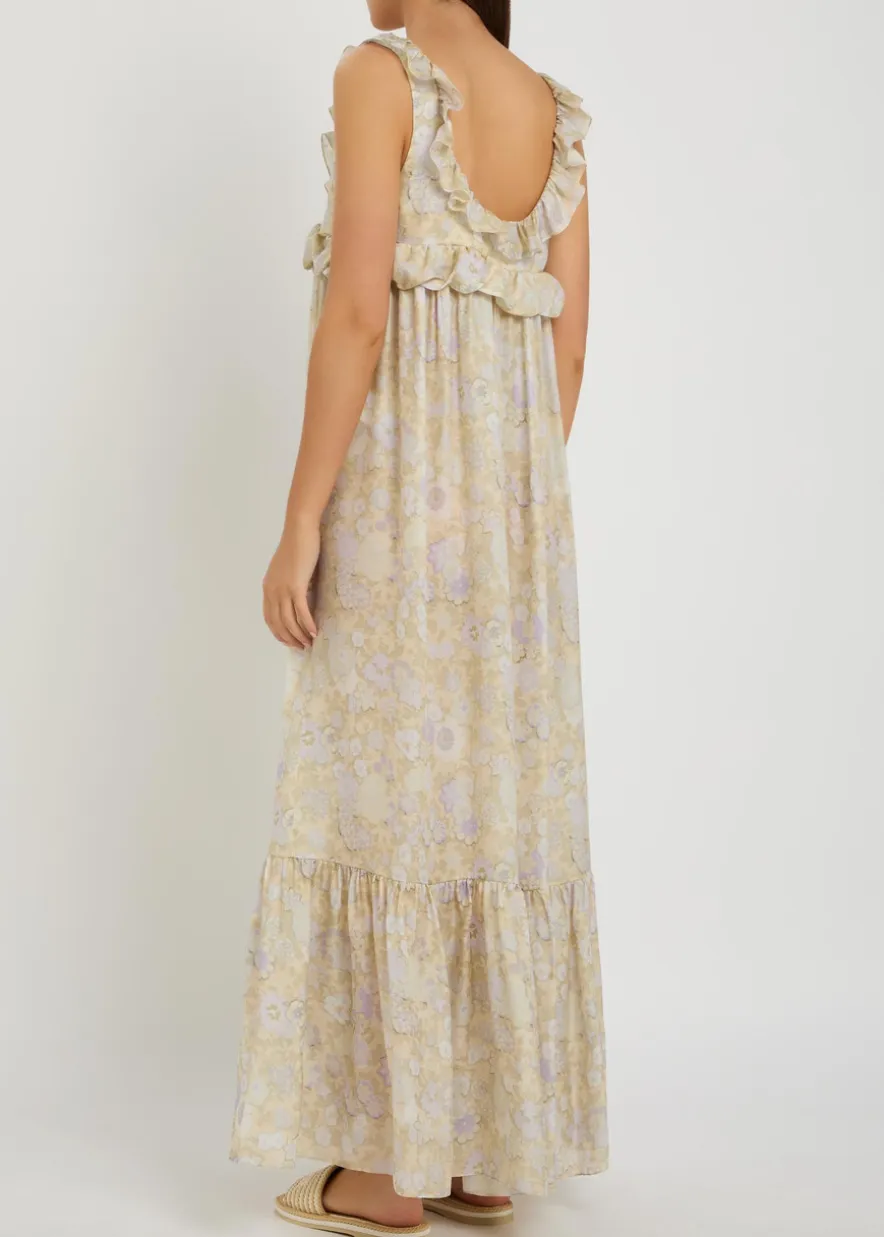 Floral-print frill silk maxi dress