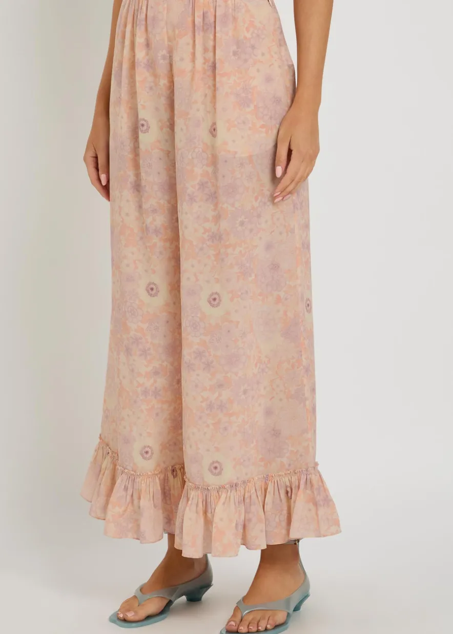 Floral-print frill wide-leg silk trousers