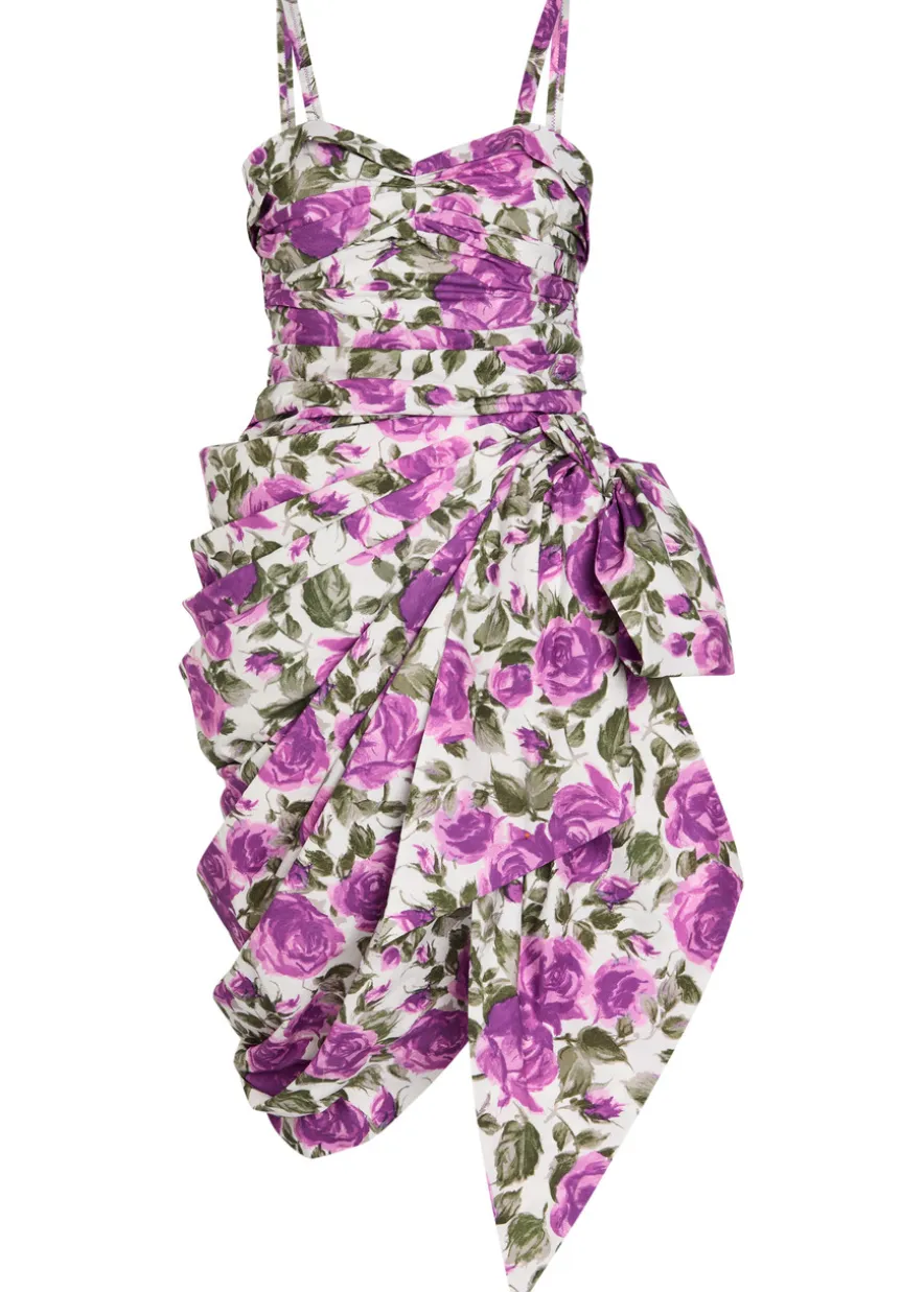 Floral-print gathered cotton mini dress
