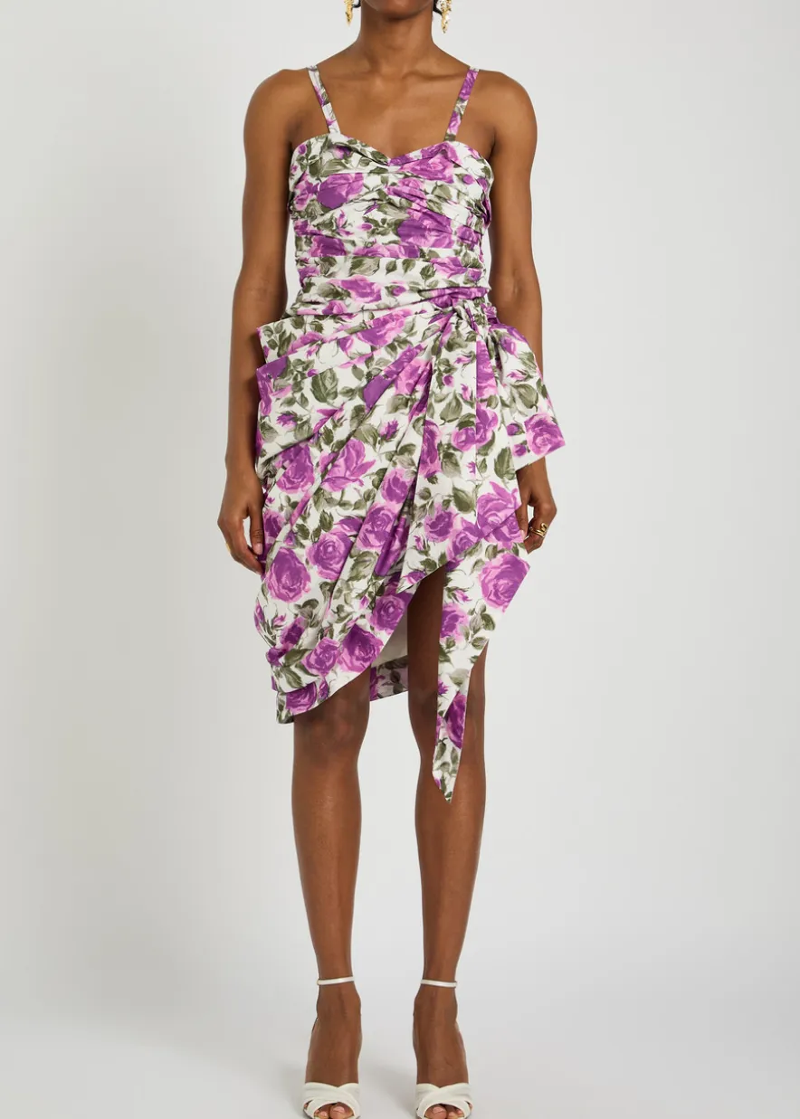 Floral-print gathered cotton mini dress