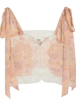 Floral-print lace-trim silk top
