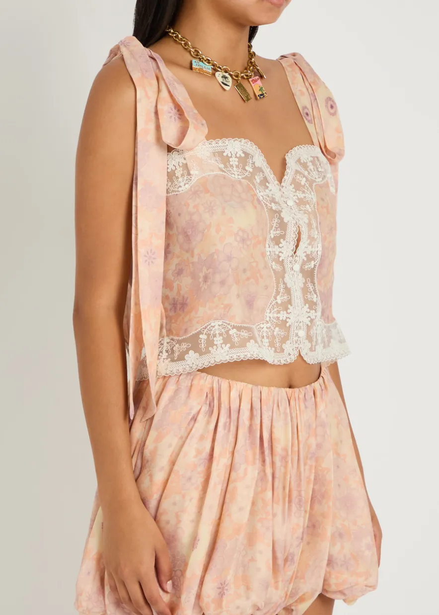 Floral-print lace-trim silk top
