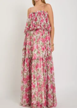 Floral print ruffled silk-chiffon maxi dress