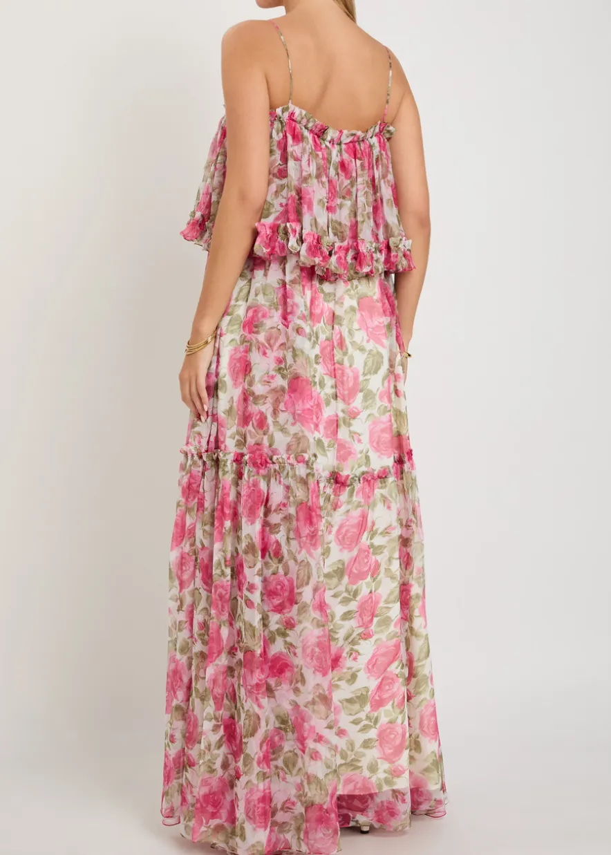 Floral print ruffled silk-chiffon maxi dress