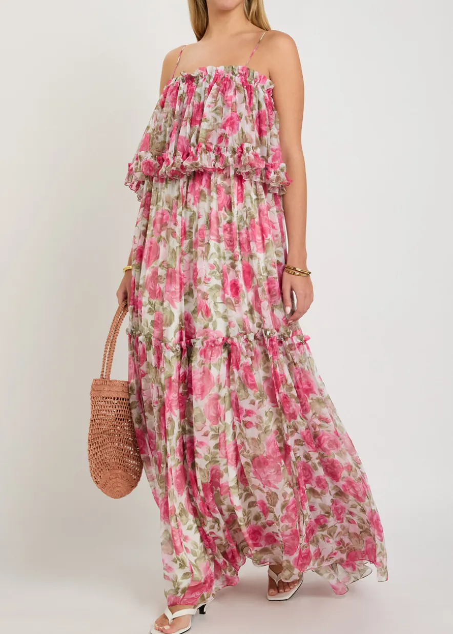 Floral print ruffled silk-chiffon maxi dress