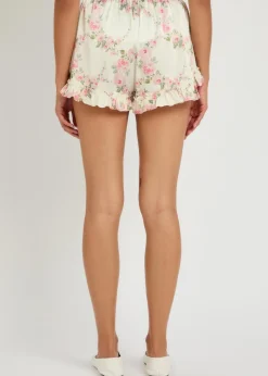 Floral-print ruffled stretch-satin shorts