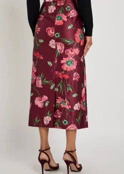 Floral-print satin midi pencil skirt