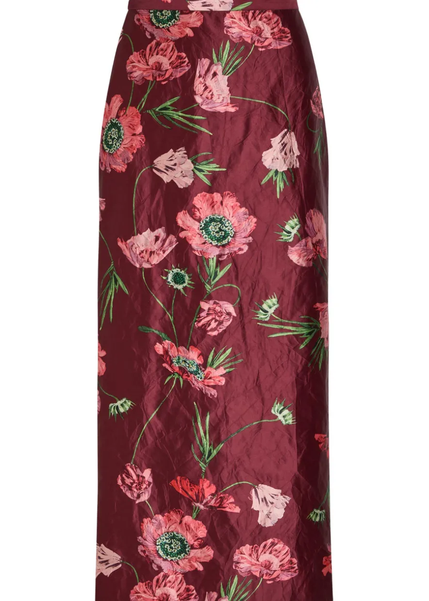 Floral-print satin midi pencil skirt
