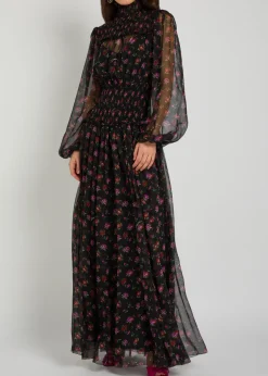 Floral-print shirred silk maxi dress