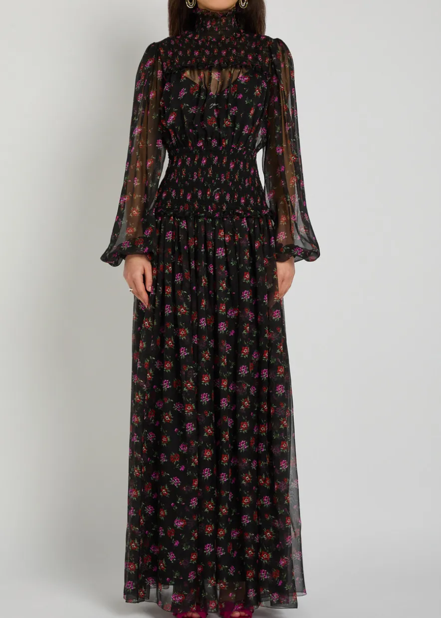 Floral-print shirred silk maxi dress