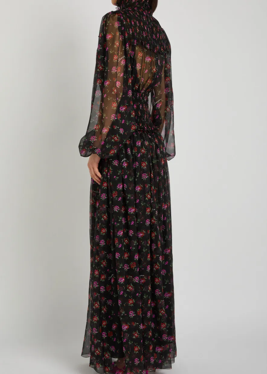 Floral-print shirred silk maxi dress