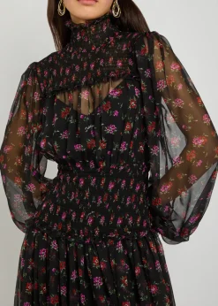 Floral-print shirred silk maxi dress
