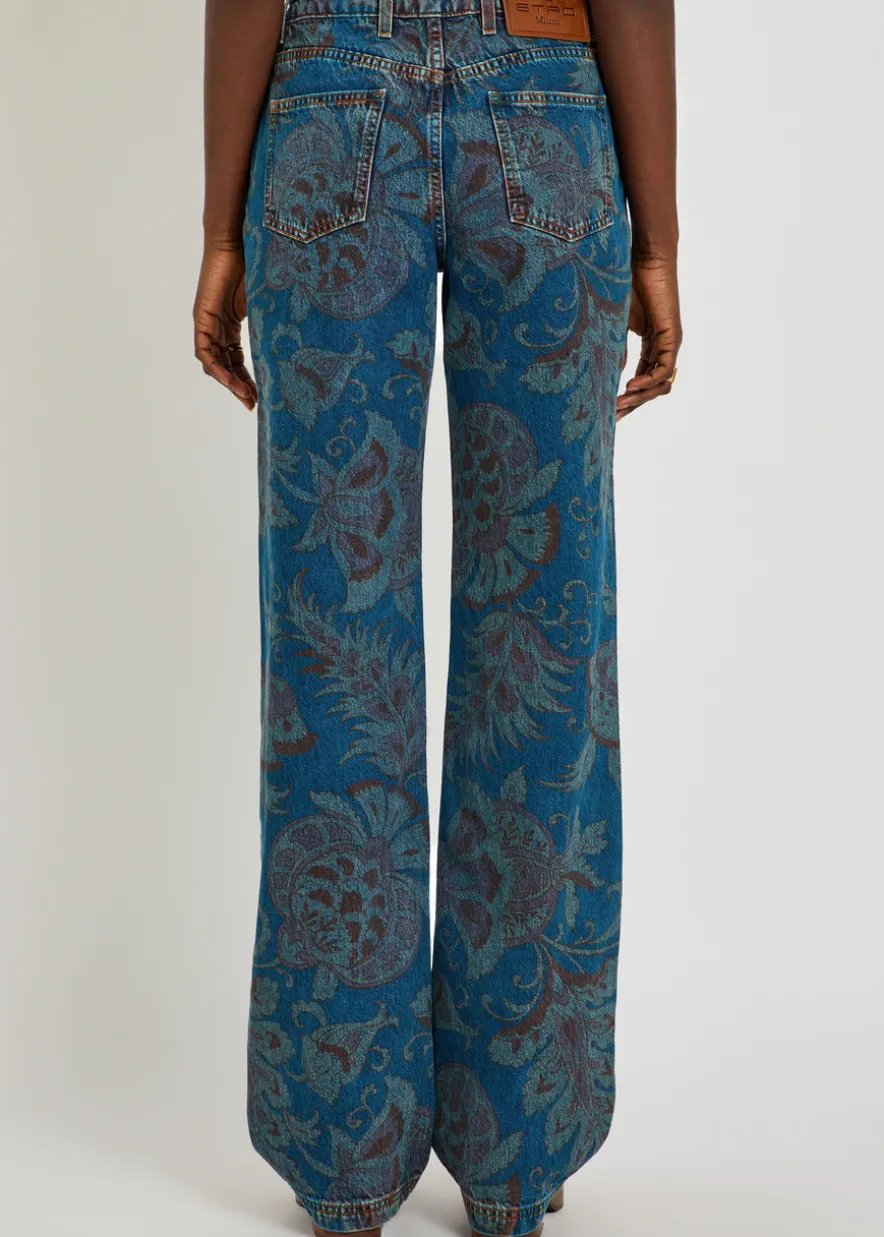 Floral-print straight-leg denim jeans