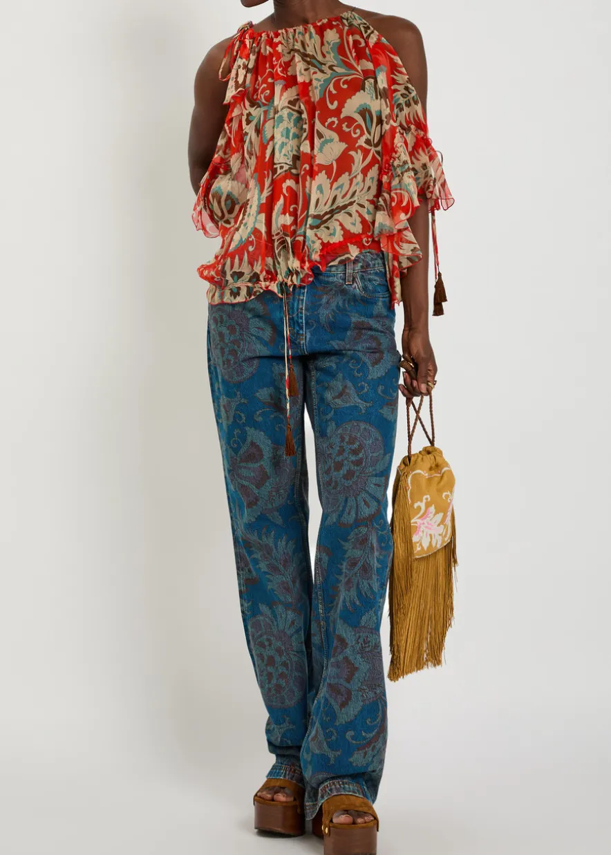 Floral-print straight-leg denim jeans