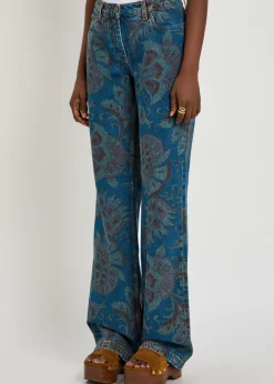 Floral-print straight-leg denim jeans