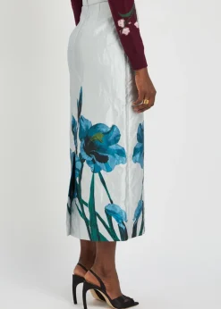 Floral-print textured satin midi skirt