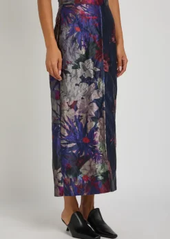 Floral-print textured satin midi skirt