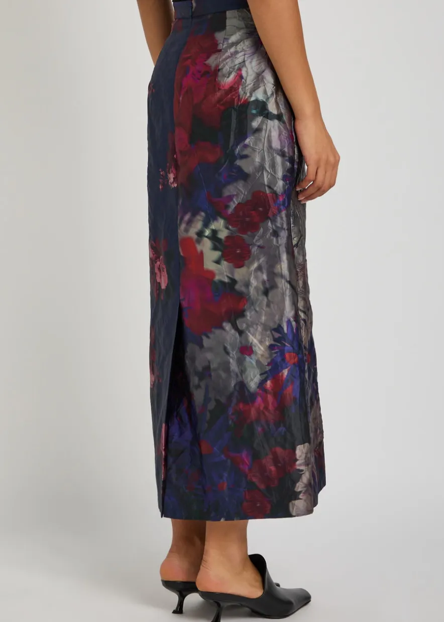 Floral-print textured satin midi skirt